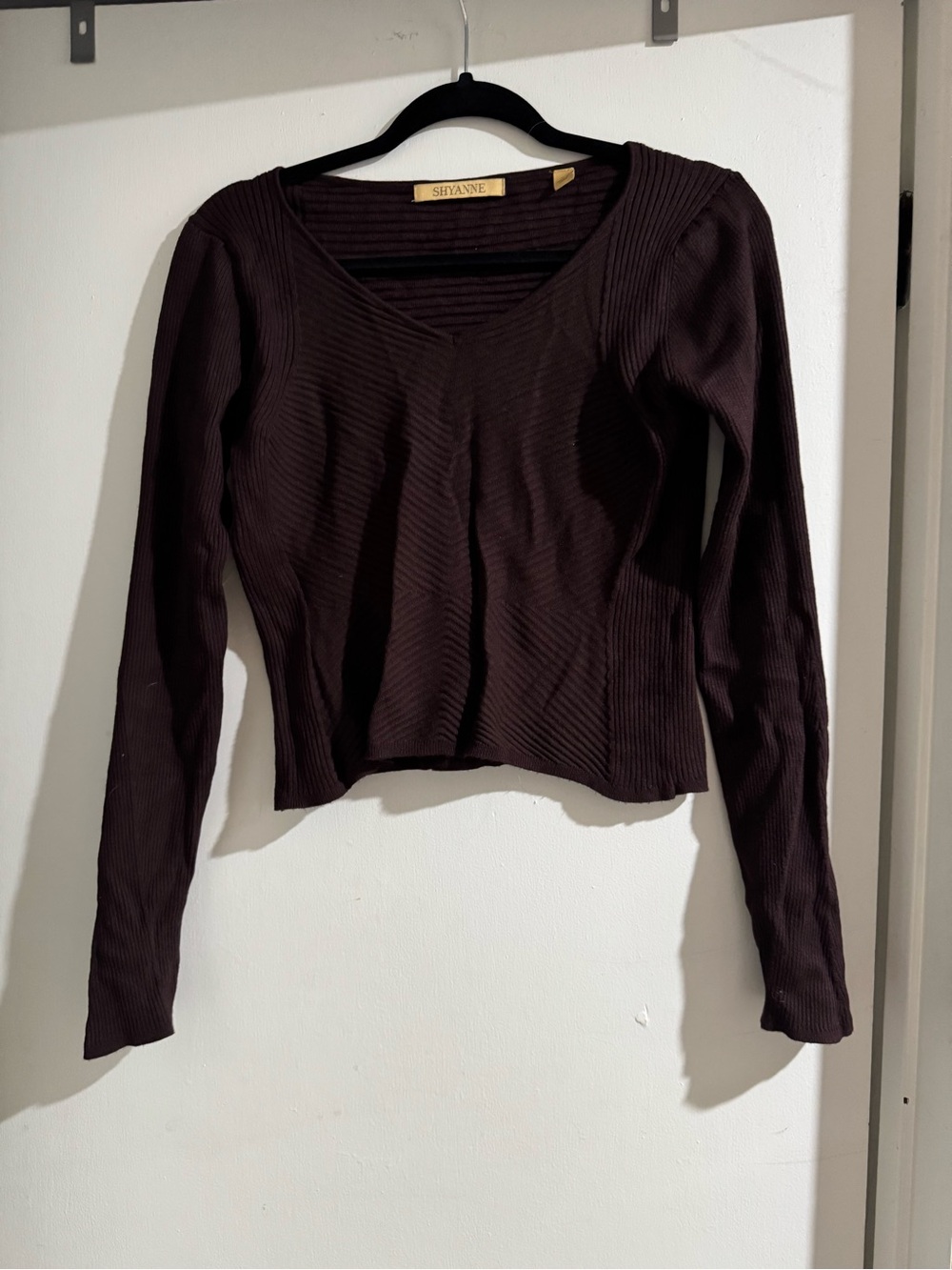 Shyanne Women's Long Sleeve Ribbed V-Neck Top in Dark Brown